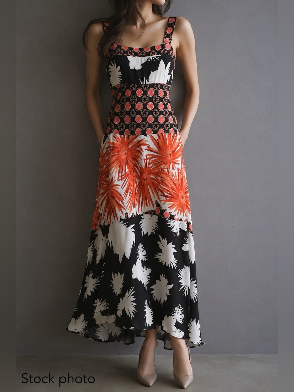 Coco Bianco Floral Tiered Maxi Dress in Black, White & Orange